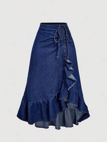 Sweetra 时尚休闲系带蝴蝶结荷叶边下摆牛仔迷你裙 - 深色水洗藍 - 查看 1