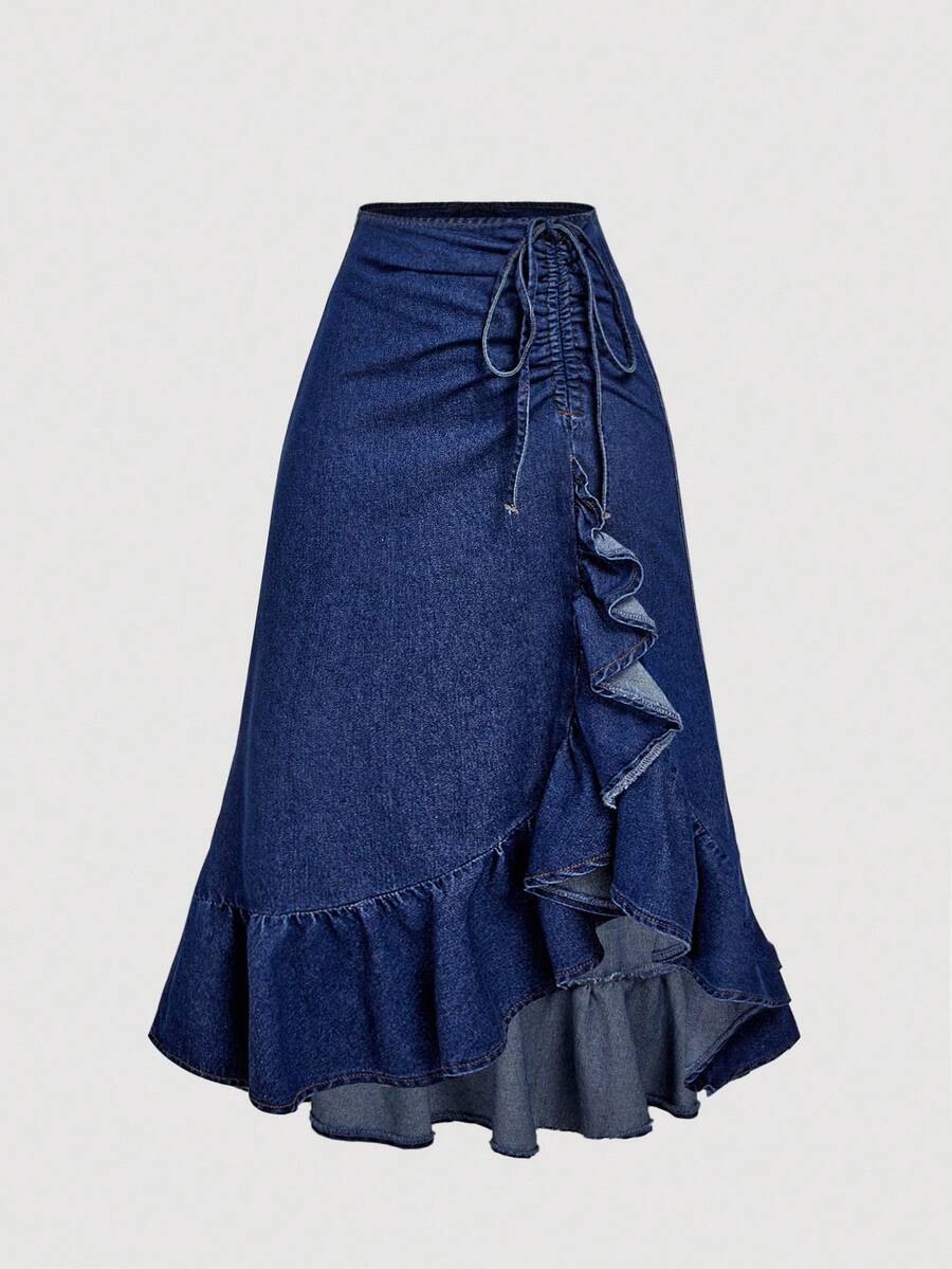 Sweetra 时尚休闲系带蝴蝶结荷叶边下摆牛仔迷你裙 - 深色水洗藍 - 查看 1