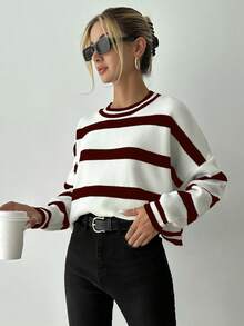 EURMUSE Women Casual Loose Round Neck Striped Sweater, For Autumn And Winter - Burgundy - View 3