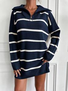 EURMUSE Women's Striped Zip Up Casual Knit Sweater, Daily Wear - Navy Blue - View 4