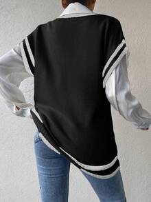 EURMUSE 1pc Striped V-Neck Sweater Vest For Women - Black - View 2