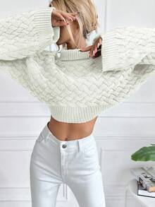 EURMUSE Turtleneck Batwing Sleeve Crop Sweater - White - View 5