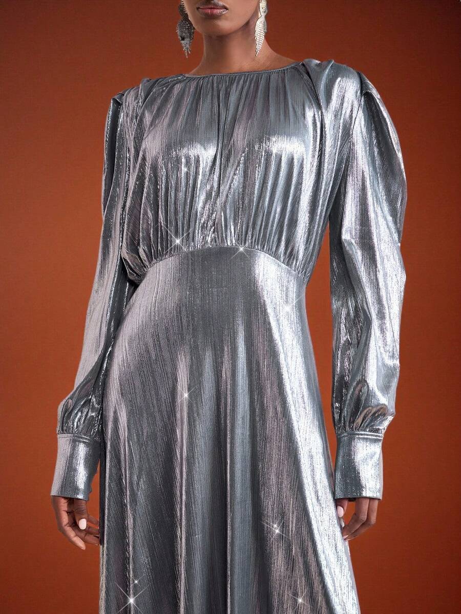 Zivah 新款秋冬优雅派对日常约会生日派对性感高端派对夜店风婚礼季嘉宾礼服音乐节狂欢季婚礼嘉宾礼服新娘礼服圆领泡泡袖灯笼袖长袖A字裙长裙银色褶皱面料闪亮针织面料女士长裙-A - 銀色 - 查看 1