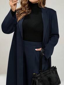 Auralis 大码女装春秋季时尚休闲宽松舒适日常百搭修身长款西装外套和阔腿裤深蓝色套装，复古富贵风格，商务休闲女装，女士办公室着装，职业装，秋季穿搭 - 藏蓝色 - 查看 8