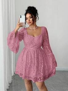 Elenzga Đầm dự tiệc/hẹn hò tay dài cổ vuông ren cỡ lớn cho nữ - Bụi hồng - Xem 5