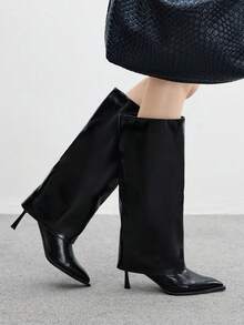 CUCCOO BIZCHIC ​​Glossy Pointed Knee-High Boots | Unique Sculpted Heel | Folded Boot Cuff | Minimalist Women's Boots | 2 Pairs, Premium Faux Leather​​ - Black - View 3