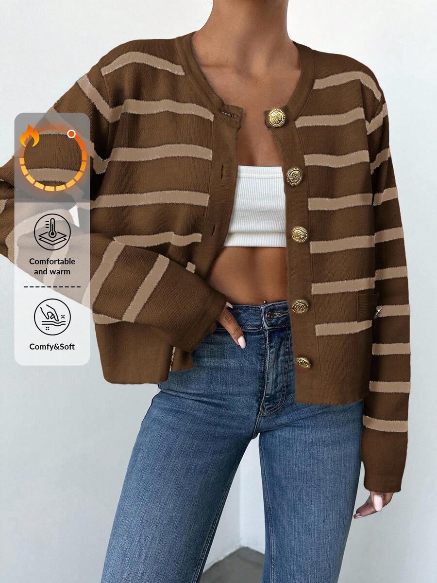EURMUSE 女式前扣长袖条纹简约休闲上衣 - 鏽棕色 - 查看 1