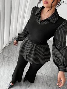 Elenzga Bộ 2 món áo sơ mi 2 trong 1 đa năng, thường ngày, đi làm, mặc nhà cỡ lớn + quần ống loe đơn giản - Đen và trắng - Xem 6