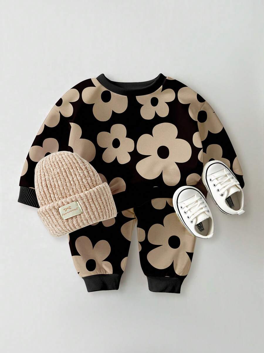 1 套女婴休闲时尚甜美花卉印花圆领长袖运动衫和运动裤套装，适合外出、运动休闲穿着，秋冬季 - 彩色 - 查看 1