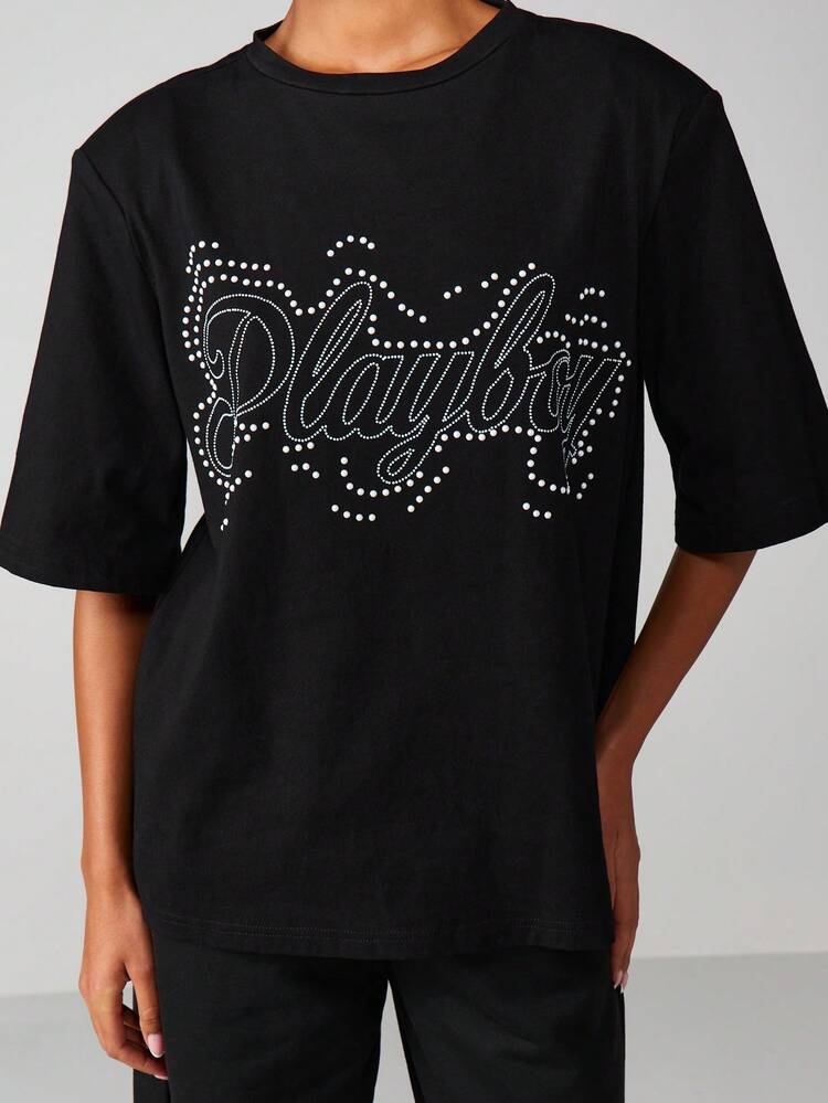 Missguided x Playboy Rhinestone Script T-Shirt For Casual And Everyday Comfort