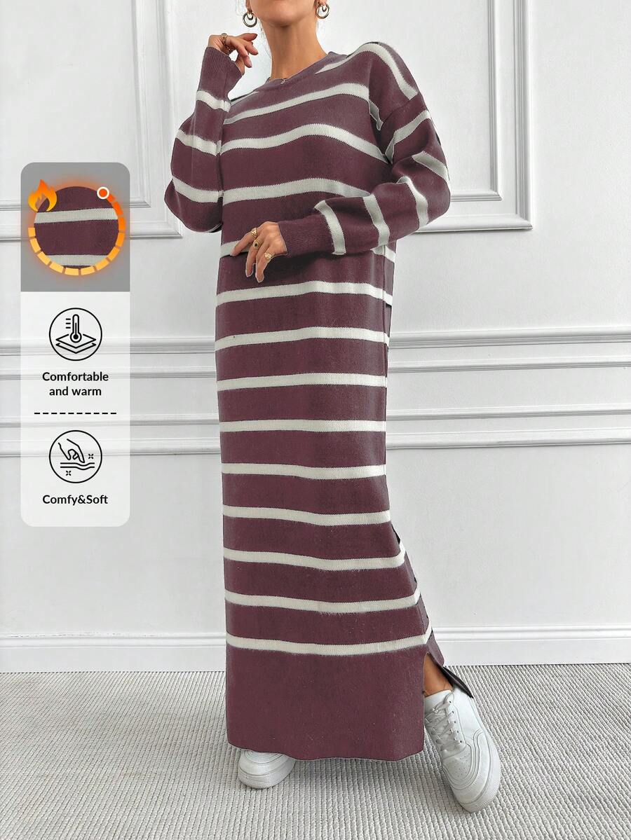 EURMUSE Striped Color Block Loose Knit Sweater Dress - Dusty Pink - View 1