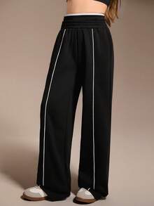 SHEIN 青少年女孩阔腿裤，秋冬百搭街头风格宽松运动裤，黑色撞色条纹休闲时尚阔腿裤 - 黑色 - 查看 5