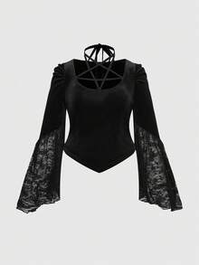 ROMWE EDITION Top gothique à manches évasées en velours grande taille avec pentagramme - Noir - Voir 1