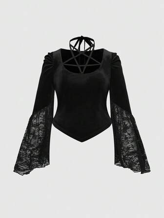Top gothique à manches évasées en velours grande taille avec pentagramme