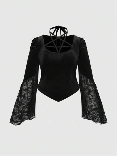 Goth Blusa de manga acampanada de terciopelo con estampado de pentágono para tallas grandes