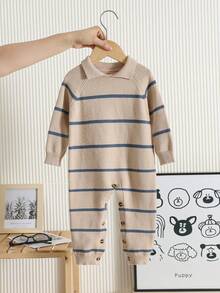 SHEIN 新生男婴/女婴条纹 Polo 领长袖连体衣，温暖时尚，适合秋冬季，幼儿园儿童毛衣 - 彩色 - 查看 4