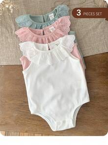 3件套新生女宝宝可爱针织荷叶边连体衣套装，夏季必备