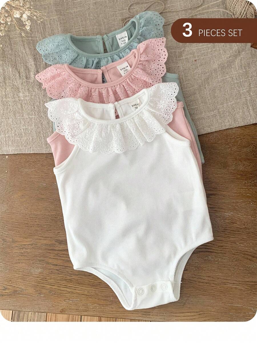 3件套新生女宝宝可爱针织荷叶边连体衣套装，夏季必备