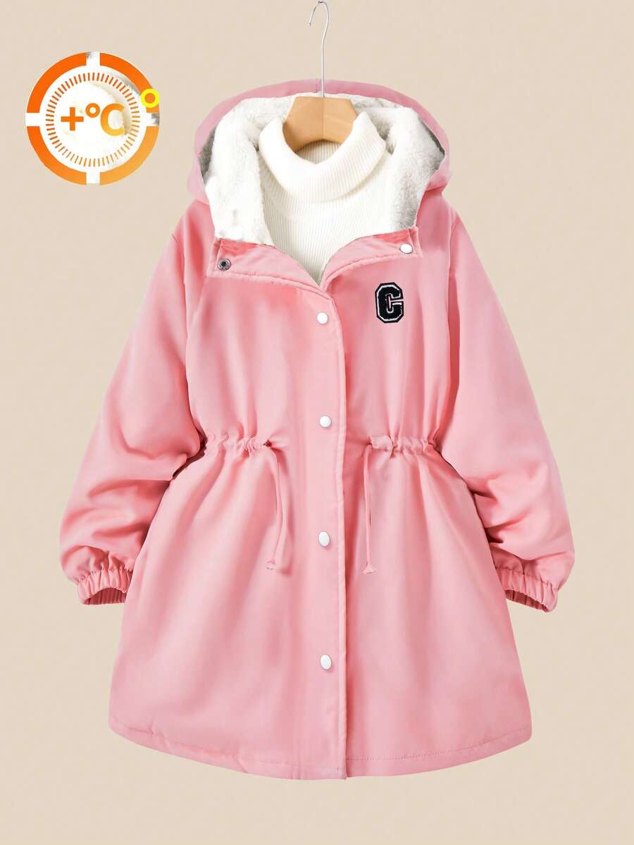 SHEIN Explorewe 少女休闲简约加厚字母刺绣连帽外套,松紧腰,适合秋冬外出、上学、旅行 - 粉色 - 查看 1