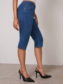 COSMINA 女士直筒七分牛仔短裤，高腰修身款 - 藍色 - 查看 6