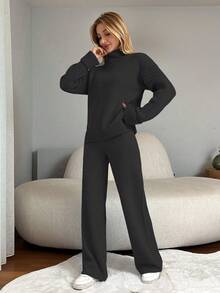 EURMUSE 2pcs/Set Women Solid Color Turtleneck Long Sleeve Sweater And Knitted Long Pants - Navy Blue - View 4