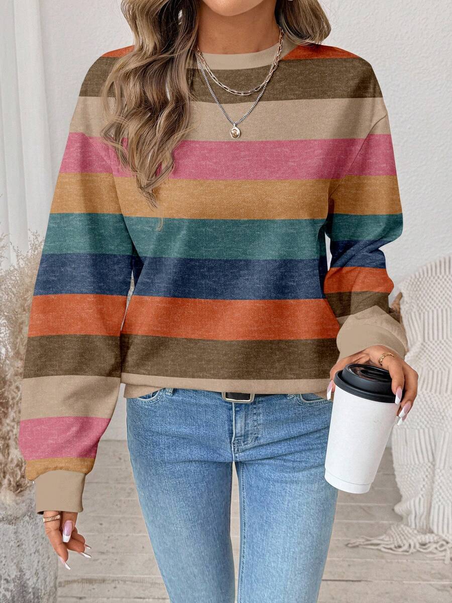 SHEIN LUNE Áo sweatshirt nữ dáng rộng, cổ tròn, tay dài, họa tiết sọc phối màu tối giản, thích hợp cho mùa thu/đông. - Nhiều màu - Xem 1