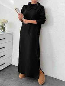 EURMUSE 女士纯色高领长袖宽松休闲长款毛衣连衣裙，秋冬 - 黑色 - 查看 5