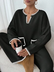 EURMUSE V-Neck Color Block Trim Pullover Sweater And Long Pants Knitwear 2 Piece Set - Black - View 6