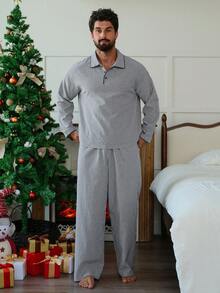 DAZY Men's Striped Multi-Color Polo Collar Elastic Waist Loungewear Set, Autumn,New Year,Christmas, Winter Clothes - Multicolor - View 4
