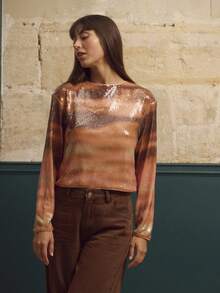 lacRébo Pink And Brown Gradient Sequin Cropped Sweater With Long Sleeves, Chic Fall-Winter Party Top Shiny Top Premium Sparky Top  New Year Party Outfits - Orange - View 6