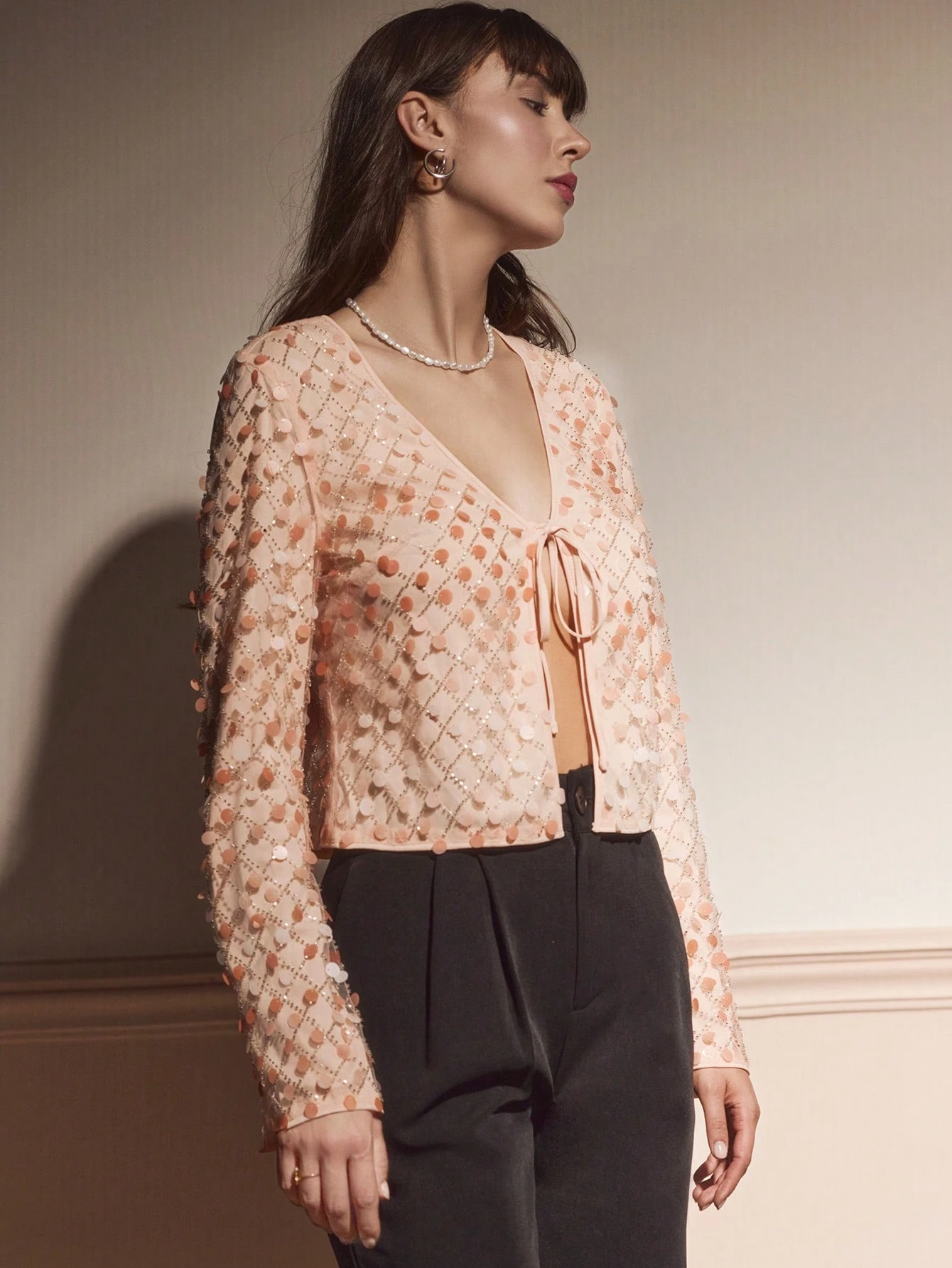 Pink Mesh Cropped Top With Sequin Embellishment, Tie Front And Long Flare Sleeves Chic Party Evening Autumn Winter