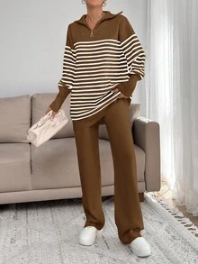 EURMUSE Women Stripe Pattern Zip Detailed Neck Drop Shoulder Pullover & Sweater Pants Set - Brown - View 2