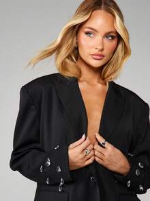 MISSGUIDED Blazer oversize con applicazioni a goccia, dettagli in cristallo e design a lunghezza anca - nero - Visualizzare 5