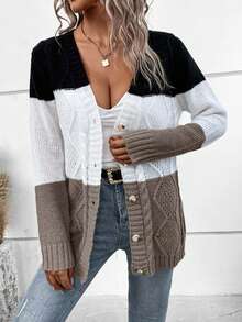EURMUSE Women's Contrast Color Long Sleeve Single-Breasted Casual Knit Cardigan,Cardigans,Petite,Tall - Mocha Brown - View 5