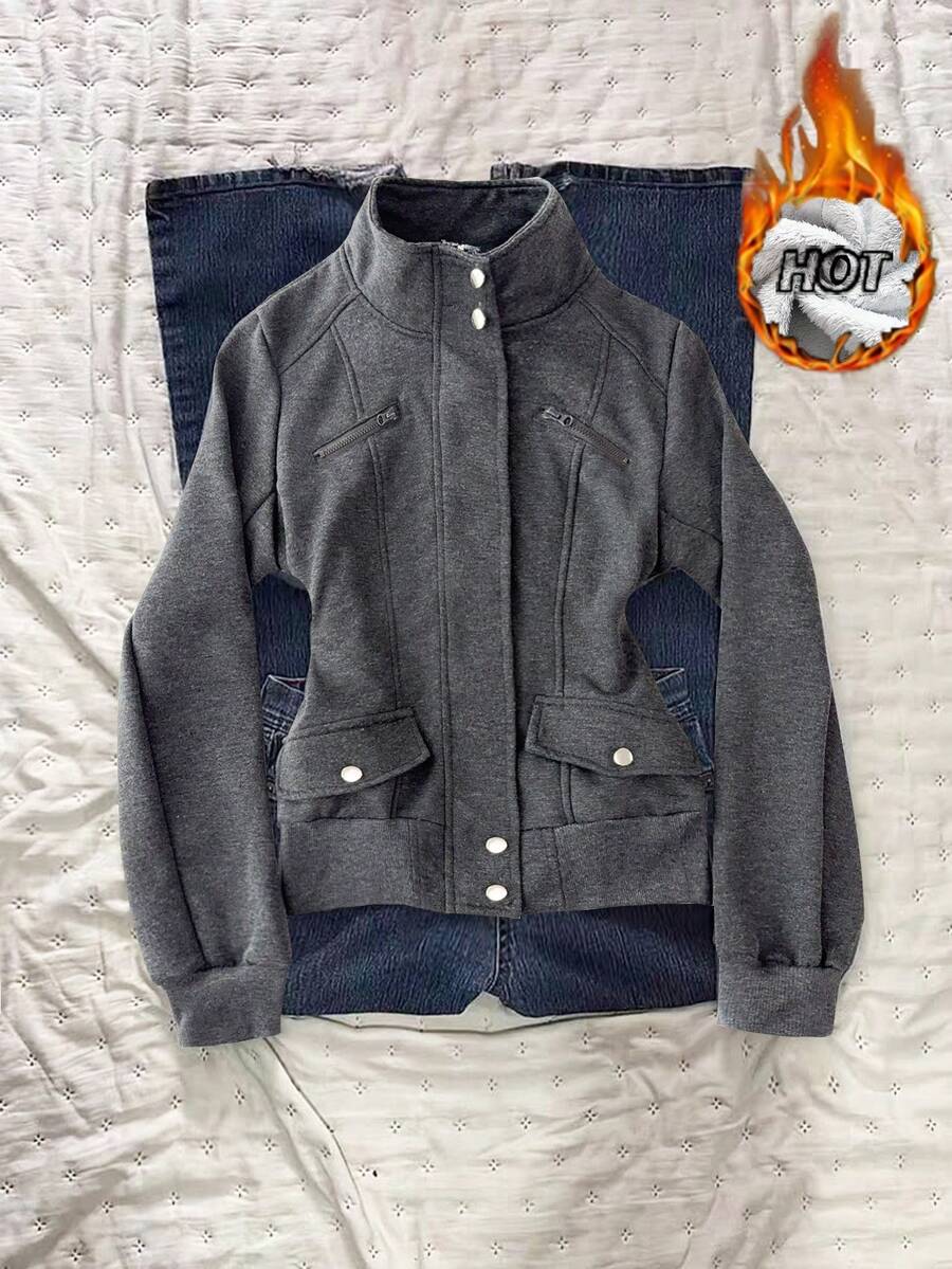 INAWLY Áo khoác lông cừu xám thiết kế độc lập kiểu Mỹ cổ điển mới cho nữ, mùa thu/đông - Xám - Xem 1