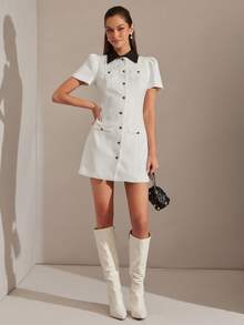 Enchnt Vestido de verano casual y elegante de manga corta con cuello de contraste de color para mujer - Blanco - Ver 5