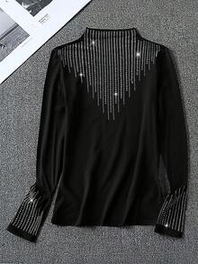 EMERY ROSE Women's Rhinestone Embellished Stand Collar Slim Fit Long Sleeve T-Shirt - Black - View 1