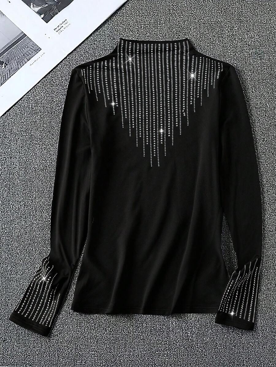 EMERY ROSE Women's Rhinestone Embellished Stand Collar Slim Fit Long Sleeve T-Shirt - Black - View 1