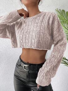 EURMUSE Women's Solid Color Drop Shoulder Long Sleeve Cropped Sweater, Autumn/Winter - Baby Pink - View 4