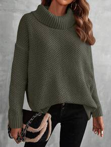 EURMUSE 女式纯色简约日常高领长袖套头毛衣 - 軍綠色 - 查看 7