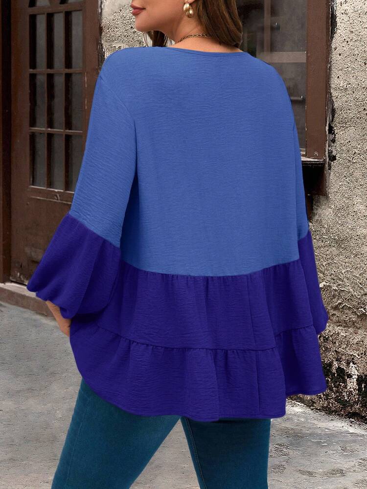 Plus Size Casual Winter Women Colorblock Lantern Sleeve Shirt, Winter Clothes For Women