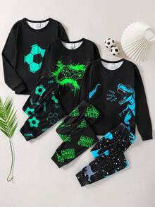 SHEIN 6pcs Kids Tween Boy Buy 2 Get 1 Free Cartoon Print Underwear Set, Thick Long Sleeve Pajamas, Dinosaur Print Set, Gaming Print Set, Football Print Set, Crew Neck Long Sleeve Pajama Top And Pants Loungewear, Suitable For Autumn/Winter, Party - Multicolor - View 2