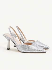 CUCCOO HITCHD 女士黑色高跟鞋，性感细高跟鞋，适合约会、聚会和宴会，银链和水钻装饰，露背凉鞋 - 銀色 - 查看 2