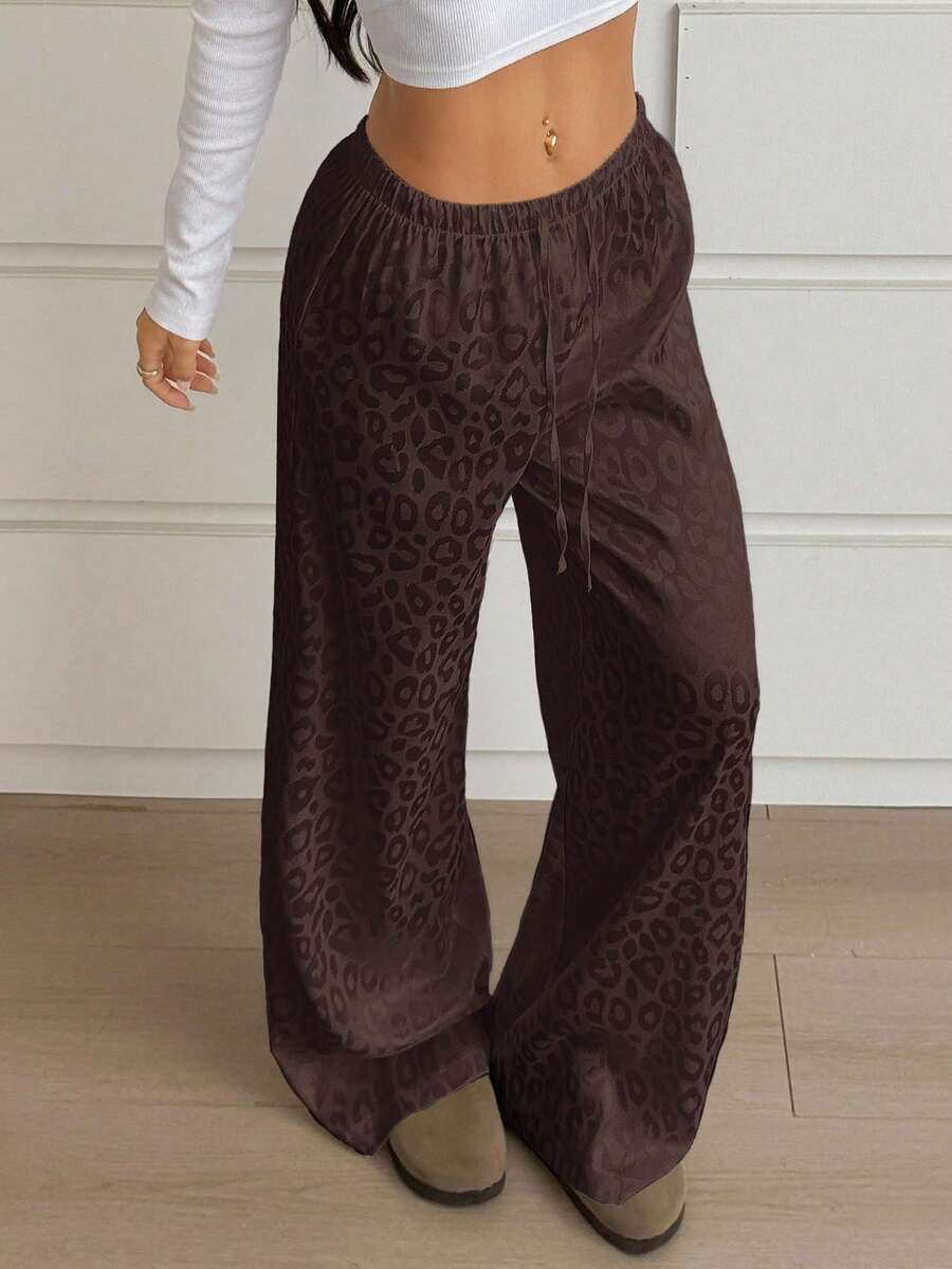 SHEIN EZwear Quần ống đứng cạp chun đơn giản họa tiết da báo màu nâu cà phê rộng rãi cho nữ cỡ lớn - Cà phê nâu - Xem 1