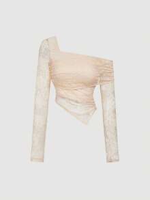 SHEIN MOD 女士蕾丝不对称领长袖上衣搭配荷叶边中长裙，时尚两件套，独特连衣裙，露肩设计，蕾丝连衣裙，褶皱连衣裙，秋冬季，圣诞节女装，新年装，感恩节女装，派对装，海滩装，优雅女士套装，白色两件套，波西米亚风，乡村音乐会装，外出装