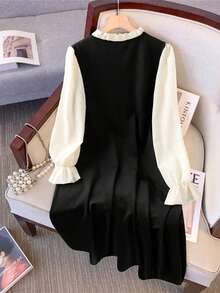 GlowEve CURVE Plus Two Tone Frill Mock Neck Flounce Sleeve Faux Pearls Dress - Black and White - View 2