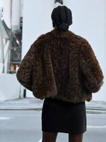Maija 女式豹纹毛绒领长袖宽松时尚人造毛皮夹克，冬季 - 咖啡棕 - 查看 2