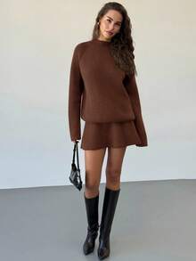 Aloruh Women's Autumn/Winter New Stand Collar Raglan Sleeve Loose Pullover Sweater & Mini A-Line Skirt 2 Pieces Set, Vintage Style For Everyday Wear - Coffee Brown - View 6