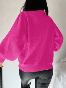 EURMUSE Tay áo lồng đèn Chi tiết Nút Áo len - Màu Hồng Tươi - Xem 2