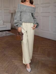 EURMUSE Elegant Off Shoulder Neck Line Rib Knit Balloon Sleeve Oversize Cozy Pullover For Winter - Grey - View 6